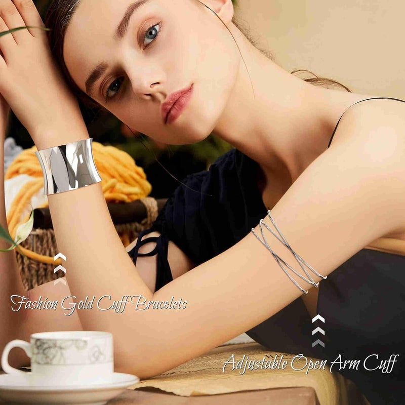Masedy 4PCS Gold Arm Cuff Bracelets for Women Chunky Open Wrap Cuff Bracelet Set Adjustable Upper Arm Bracelet Bangle Statement Bracelet Minimalist Irregular Armband Coil Swirl Arm Jewelry - Image 5